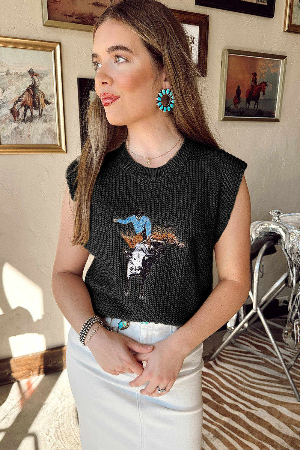 Western Embroidery Sleeveless Sweater