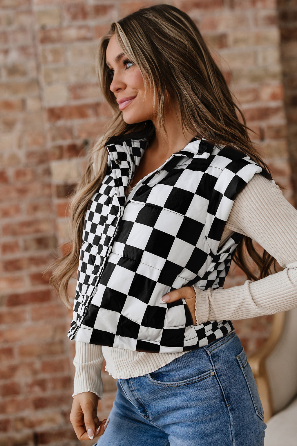 Double Checked Cropped Puffer Vest