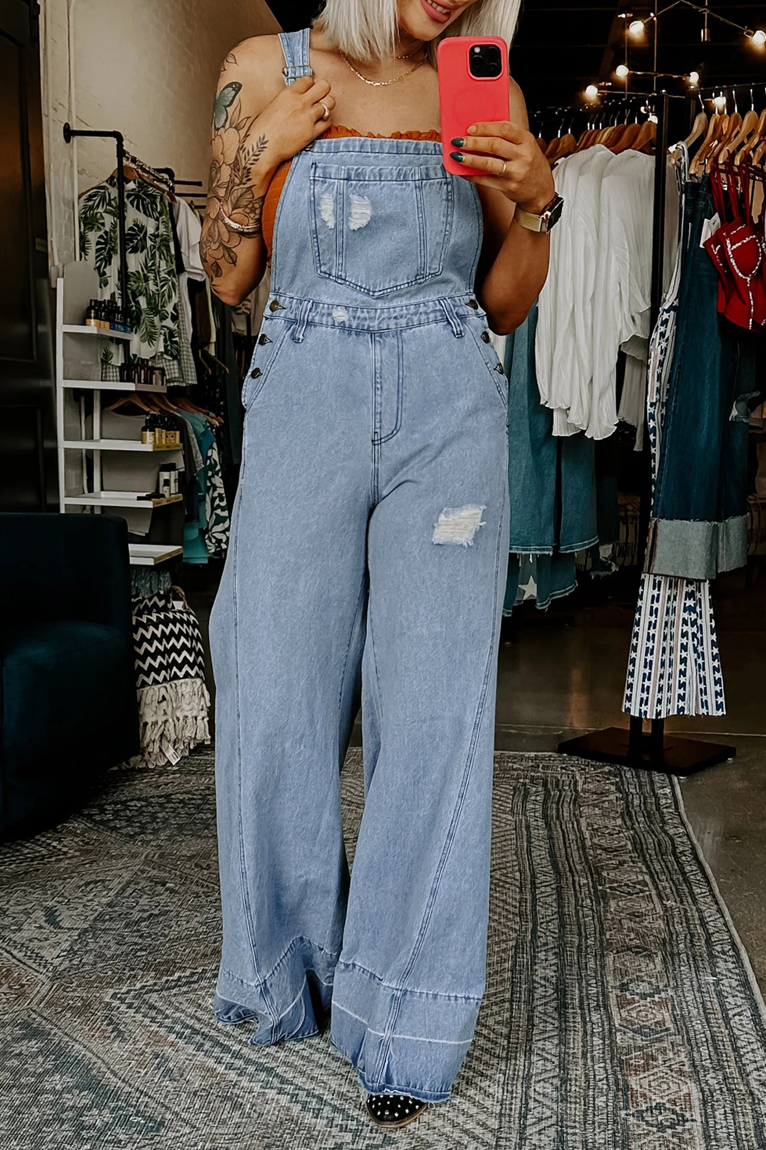 Retro Distressed Adjustable Denim Jumpsuit