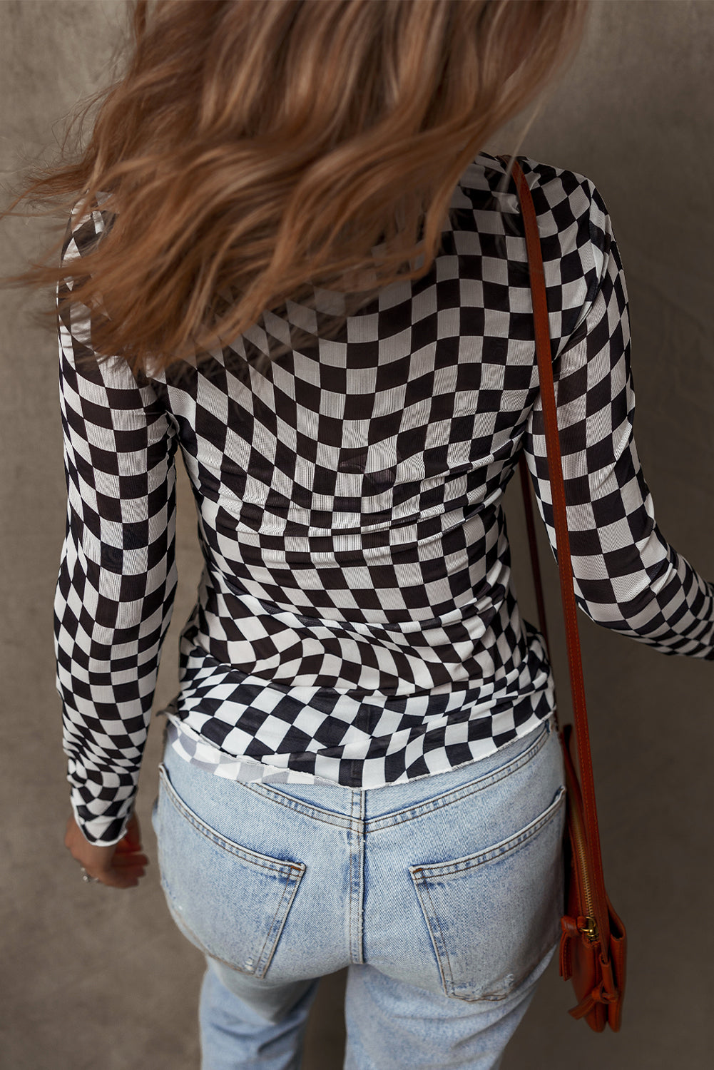 Checkered Mesh Mock Neck