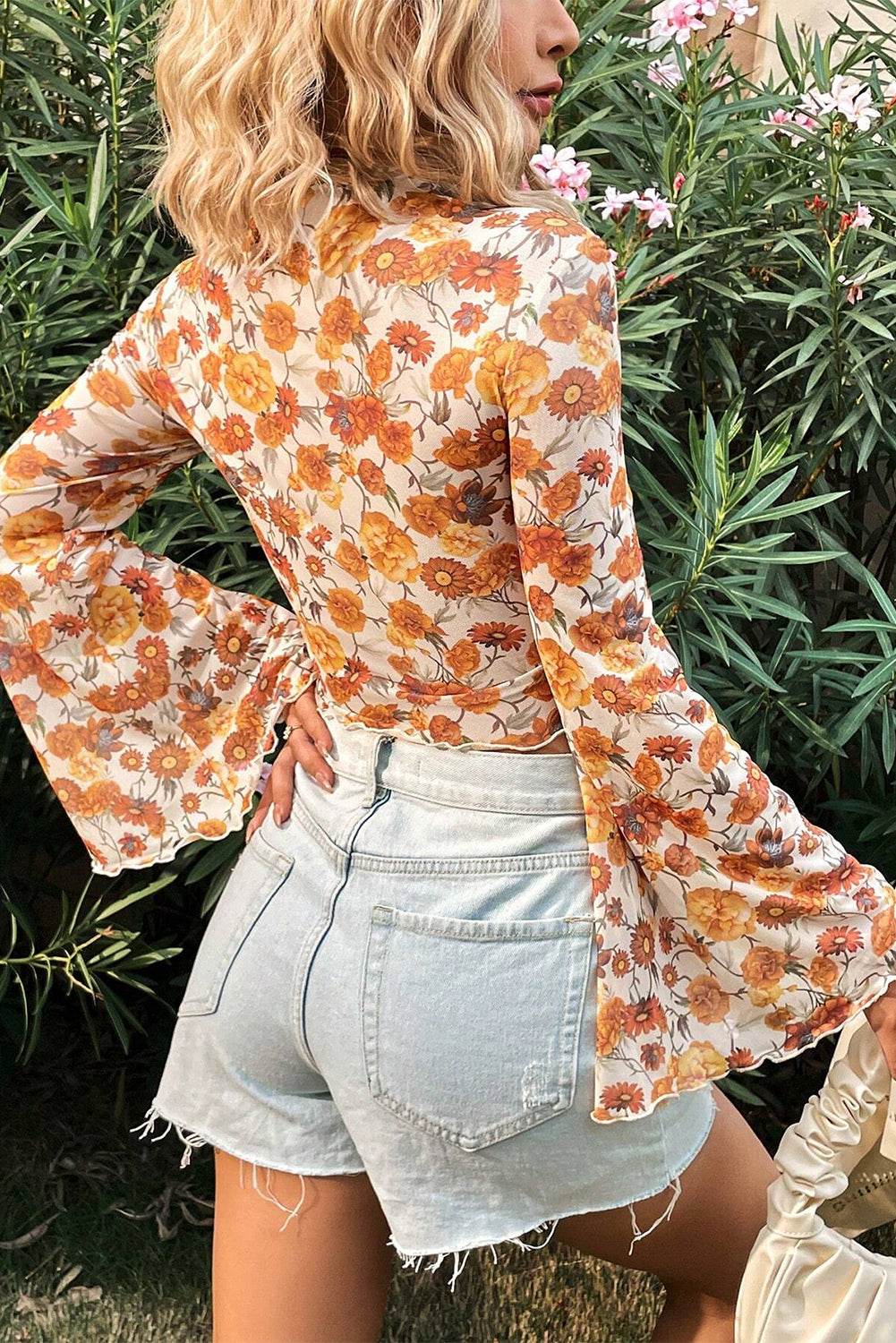Orange Floral Bell Sleeve Mock Neck Blouse