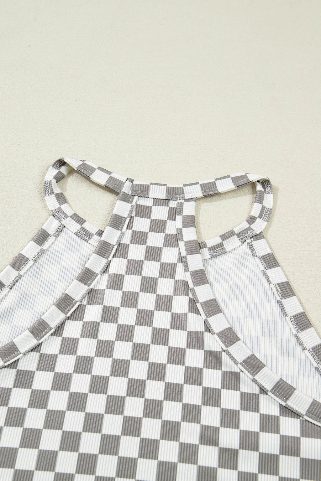 Gray Checkered Ribbed Halter Tank