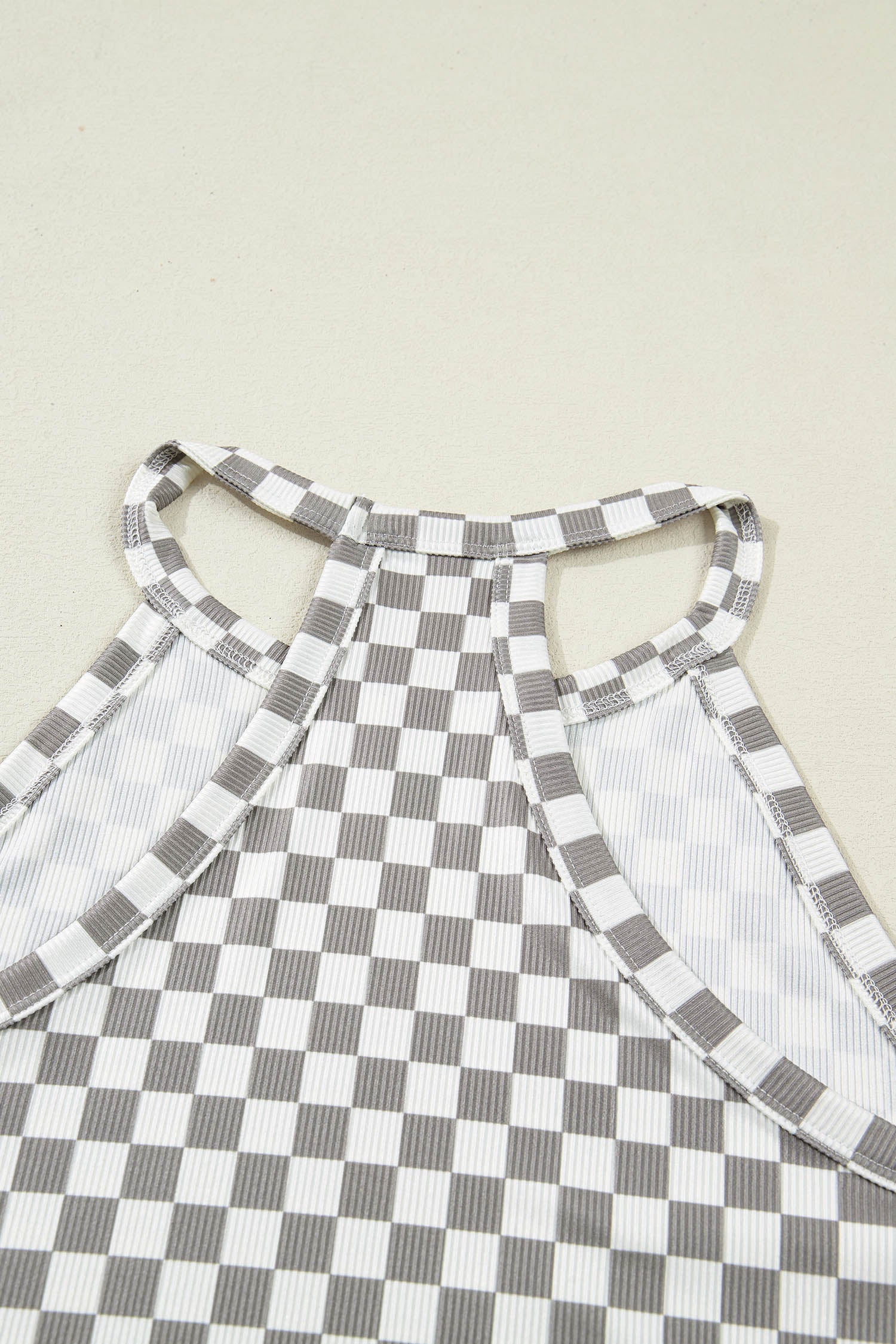 Gray Checkered Ribbed Halter Tank
