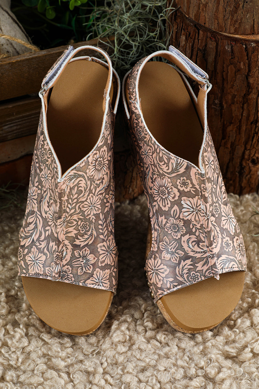 Vintage Floral Faux Leather Platform Sandals