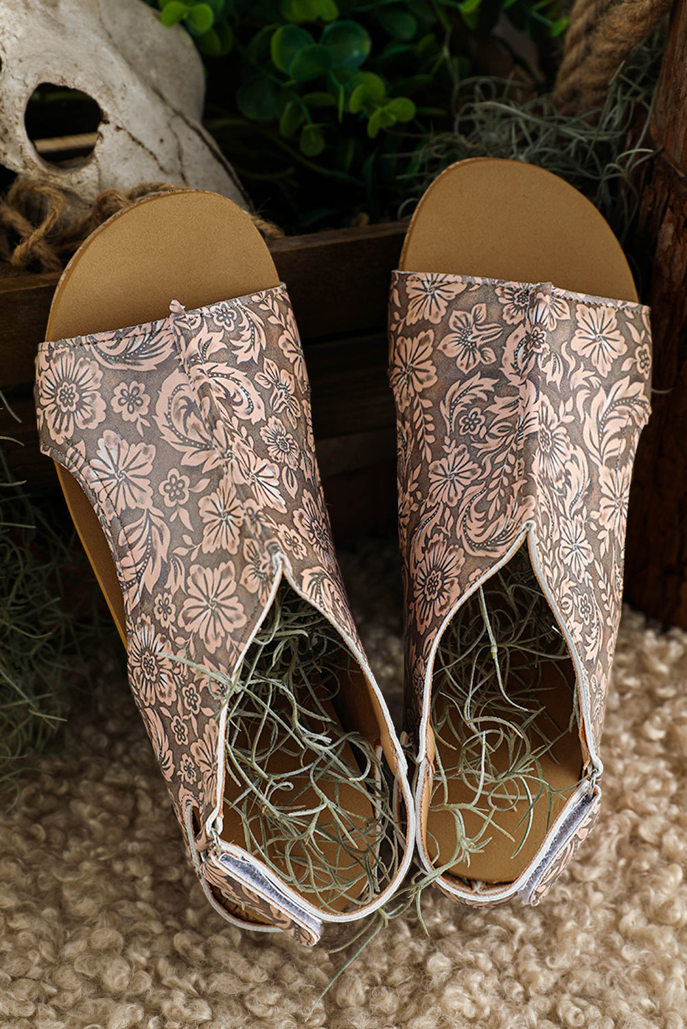 Vintage Floral Faux Leather Platform Sandals