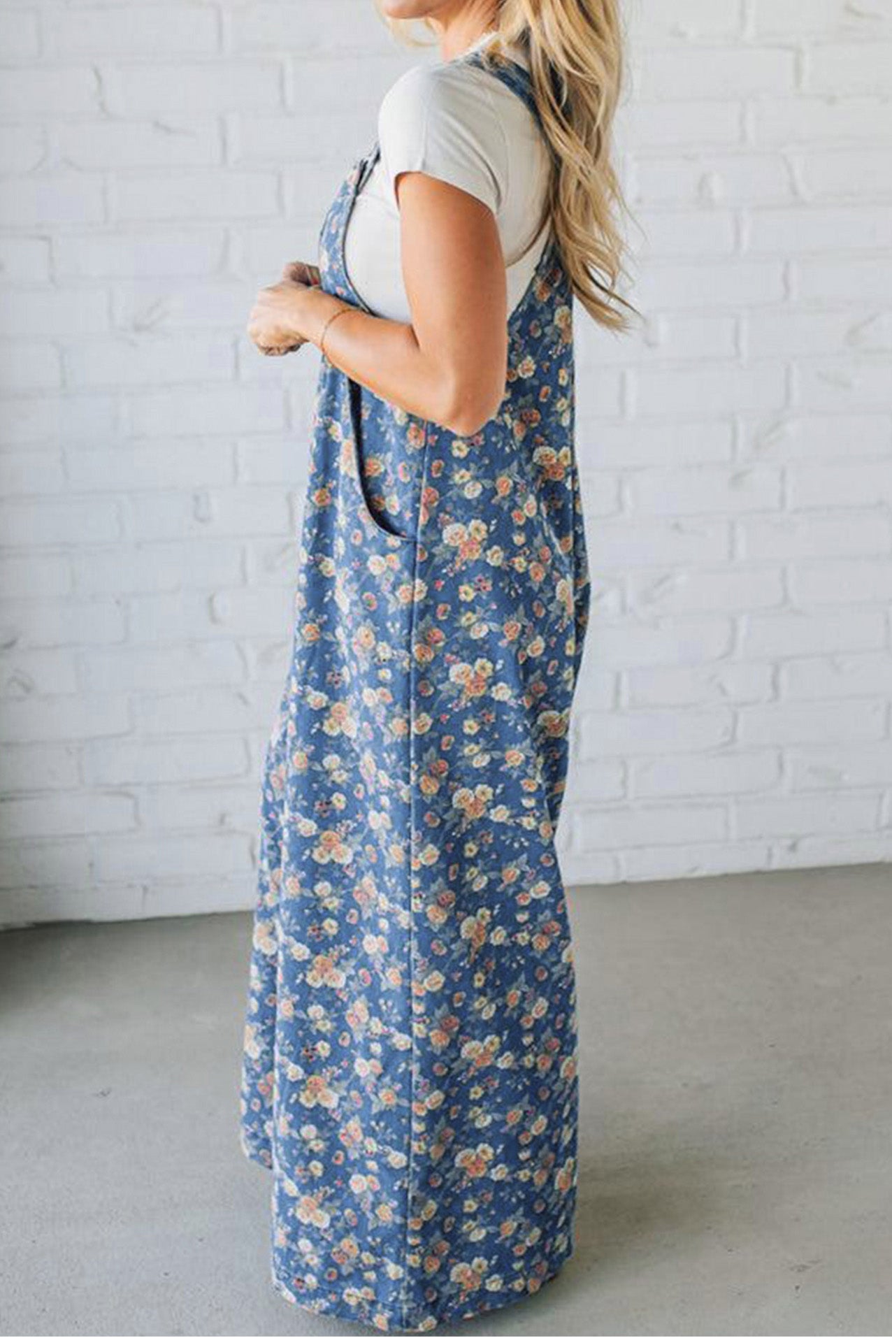 Vintage Rose Printed Loose Denim Jumpsuit