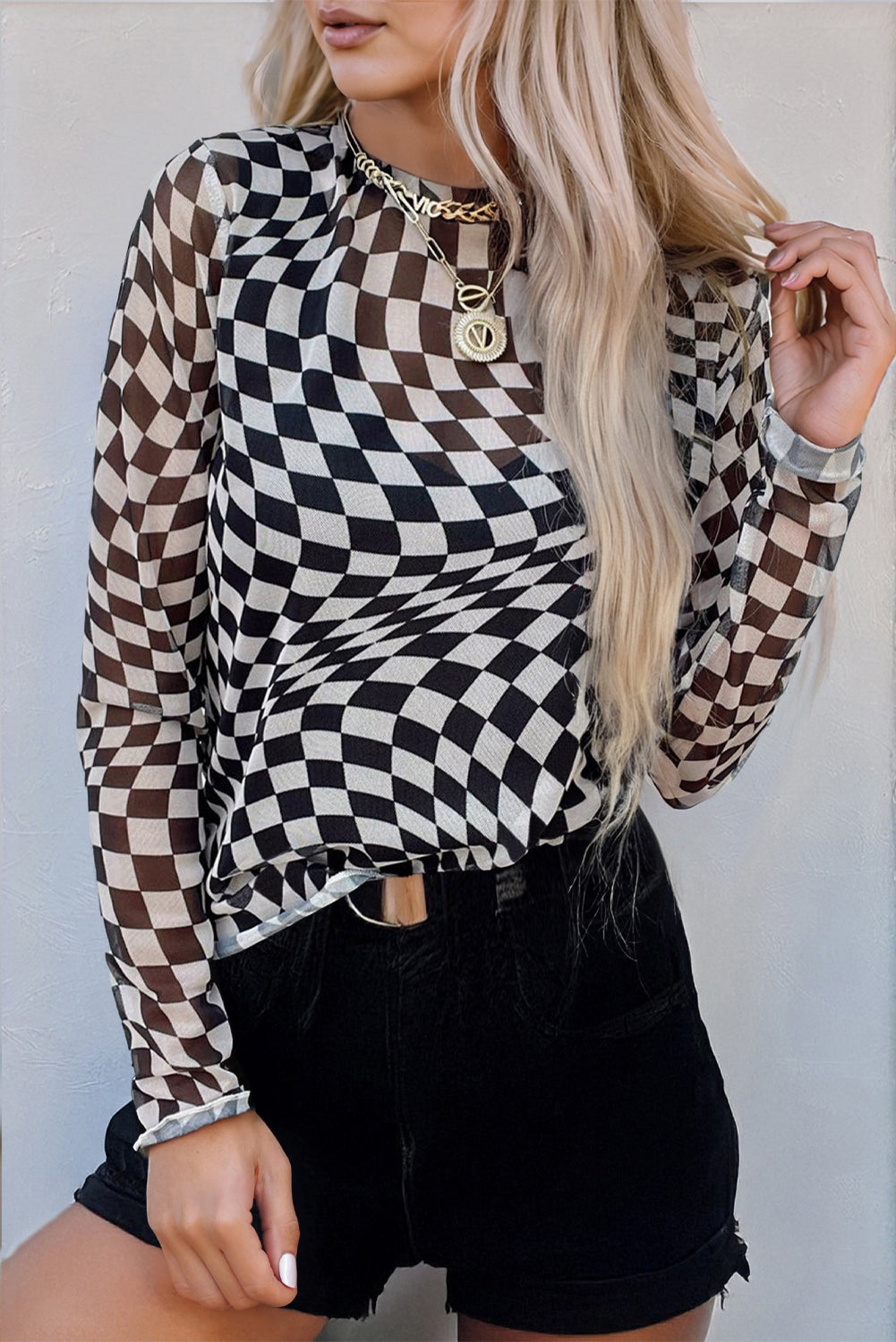 Checkered Mesh Mock Neck