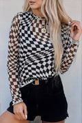 Checkered Mesh Mock Neck