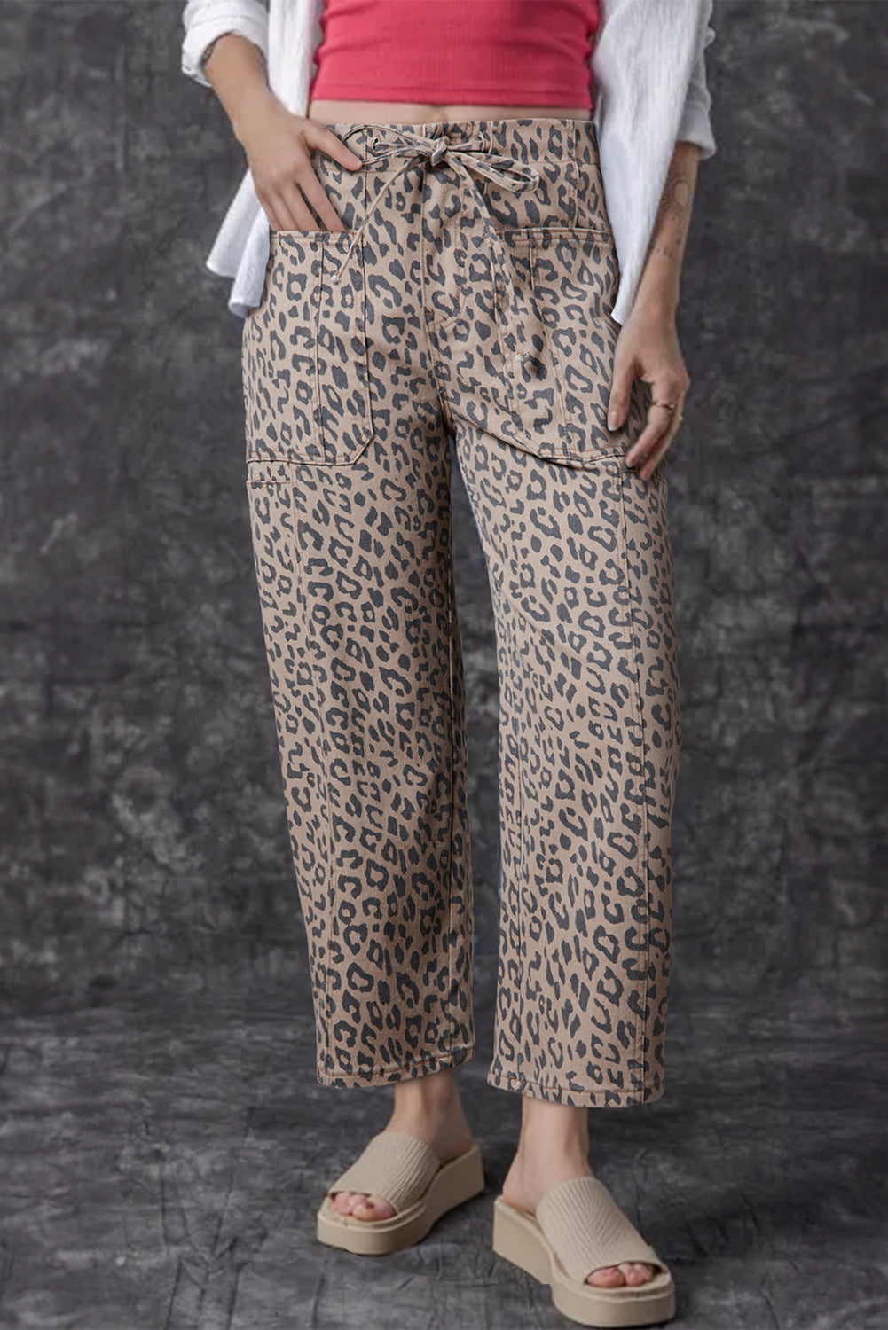 Leopard Print Drawstring Barrel Jeans