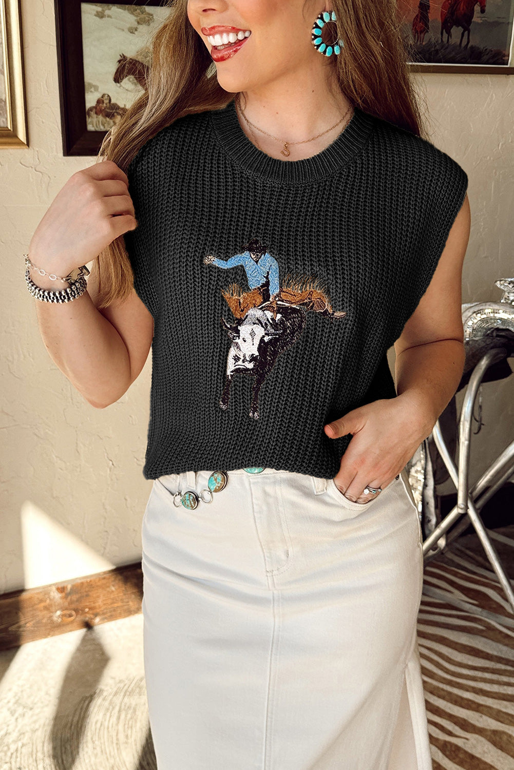 Western Embroidery Sleeveless Sweater