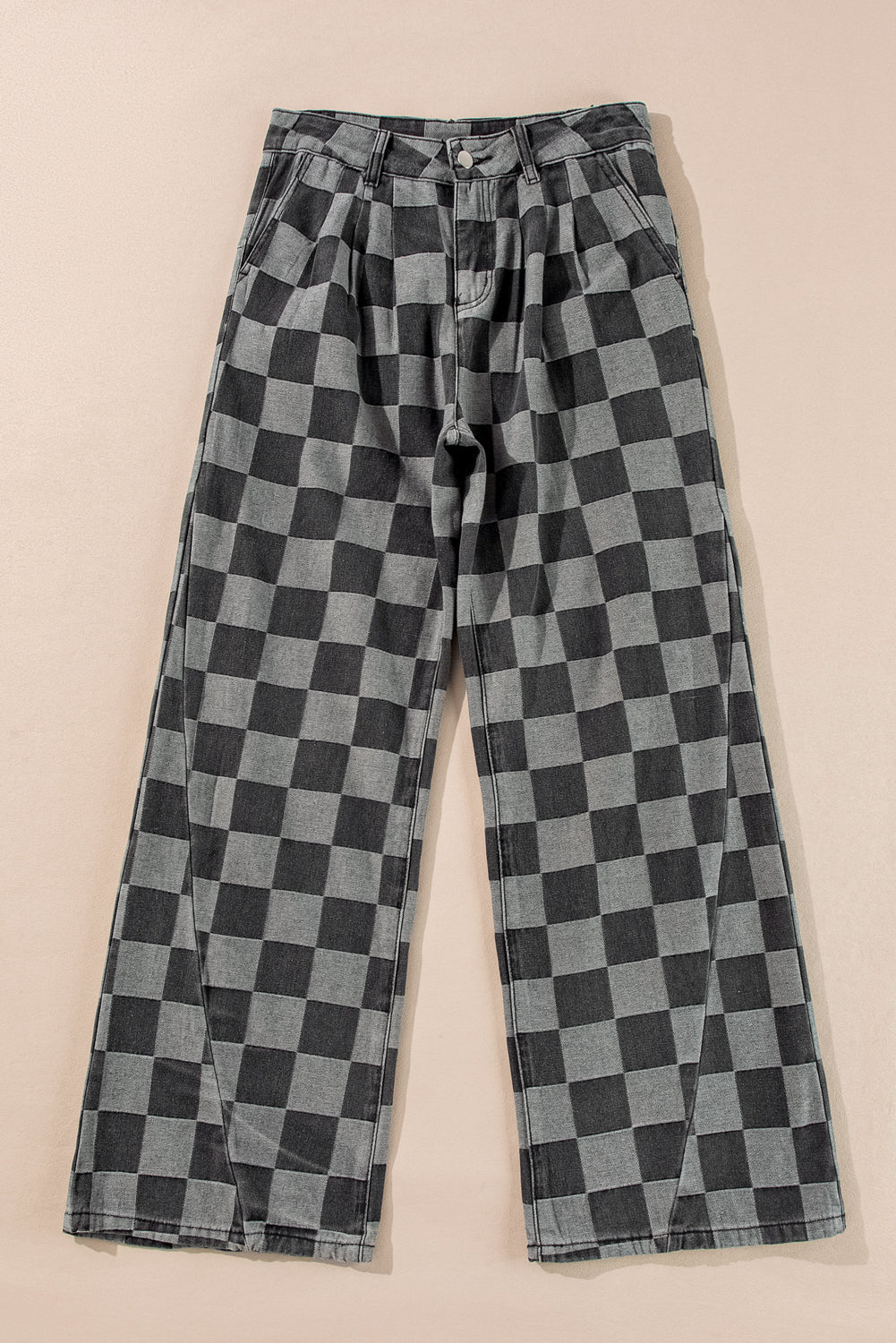 Grey Checkered Denim Wide Leg Jeans