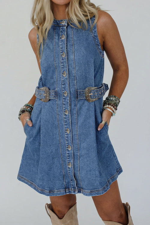 Belted Button Down Denim Mini Dress