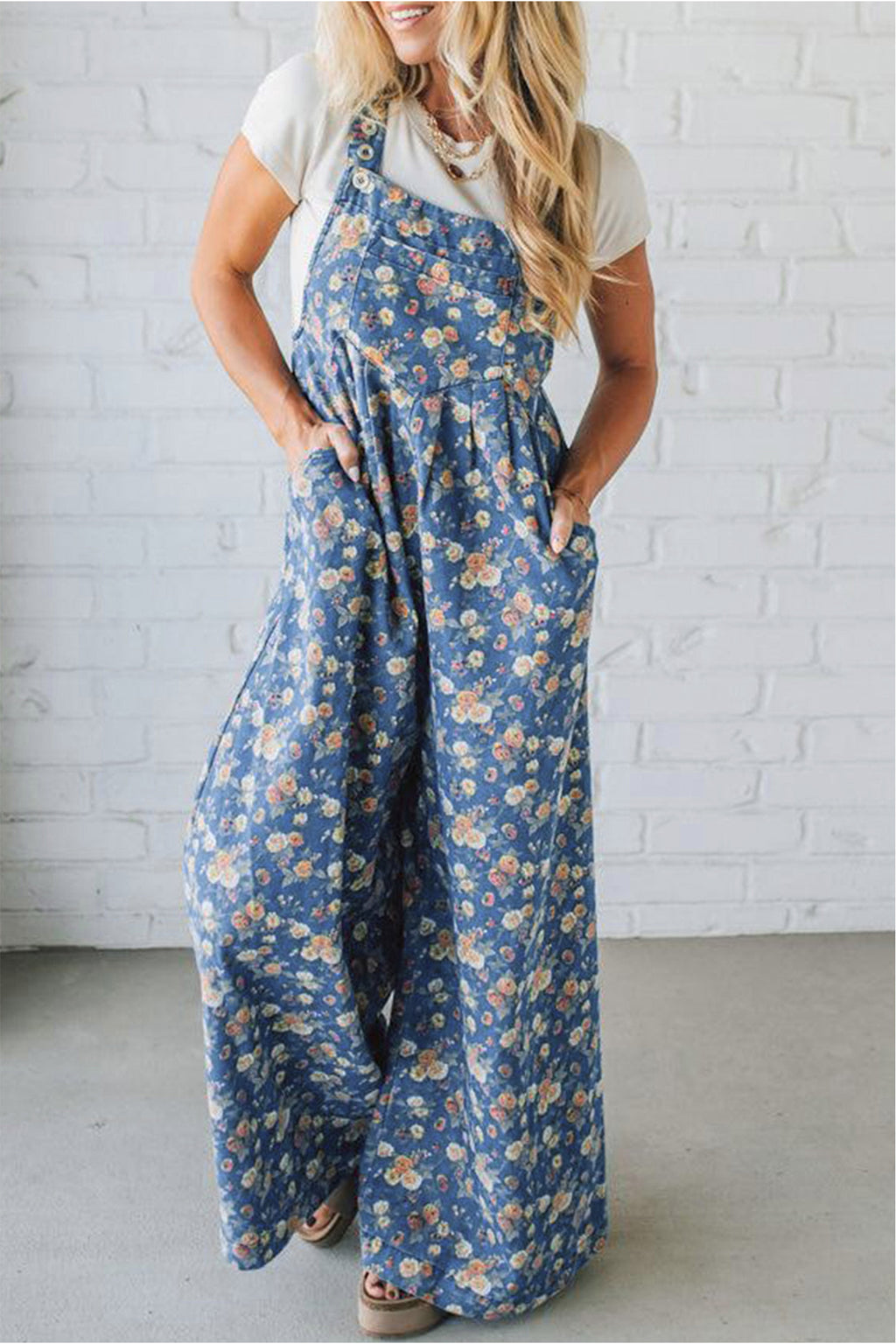 Vintage Rose Printed Loose Denim Jumpsuit