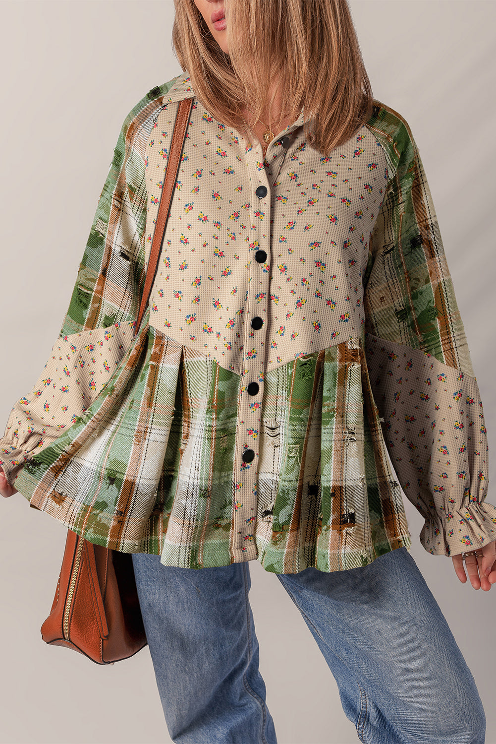 Oatmeal Boho Floral Plaid Patchwork Distressed Detail Ruffled Sleeve Waffle Knit Shacket